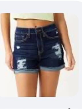 Distressed Dark Blue Denim Junior Shorts